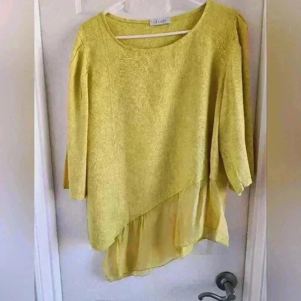 Saga Made In Italy Womens Yellow Linen Blend Casual Asymetrical Blouse Size M‎